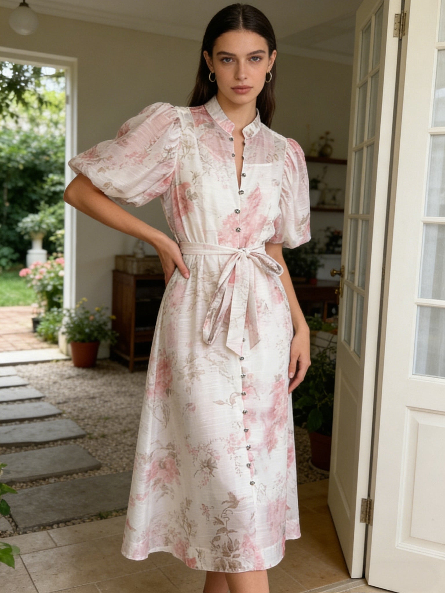 BLOOM – Robe Midi Imprimé Floral Boutonnée Manches courtes