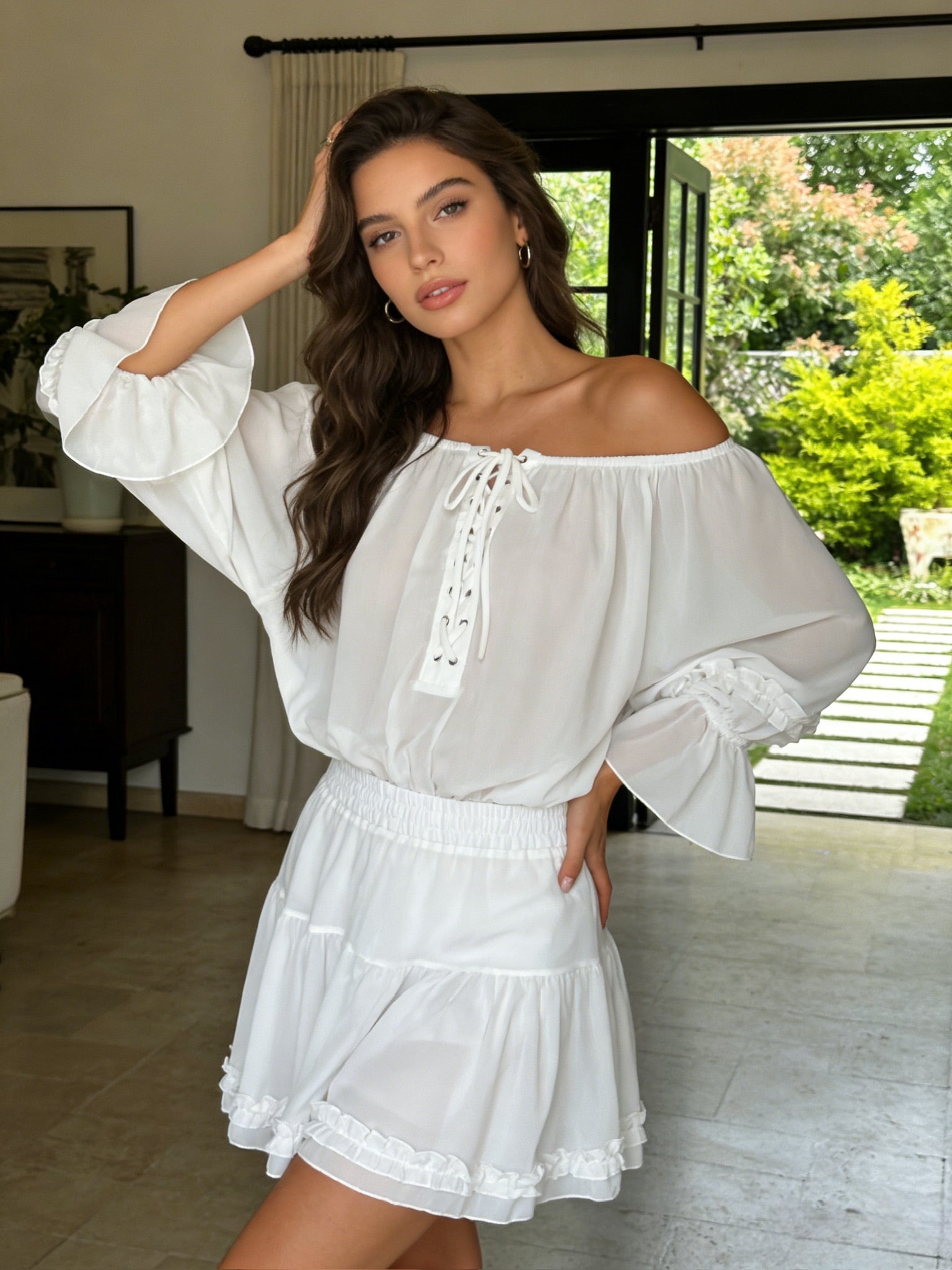 BLOOM – Ensemble Fluide Blouse Nouée & Jupe Volants