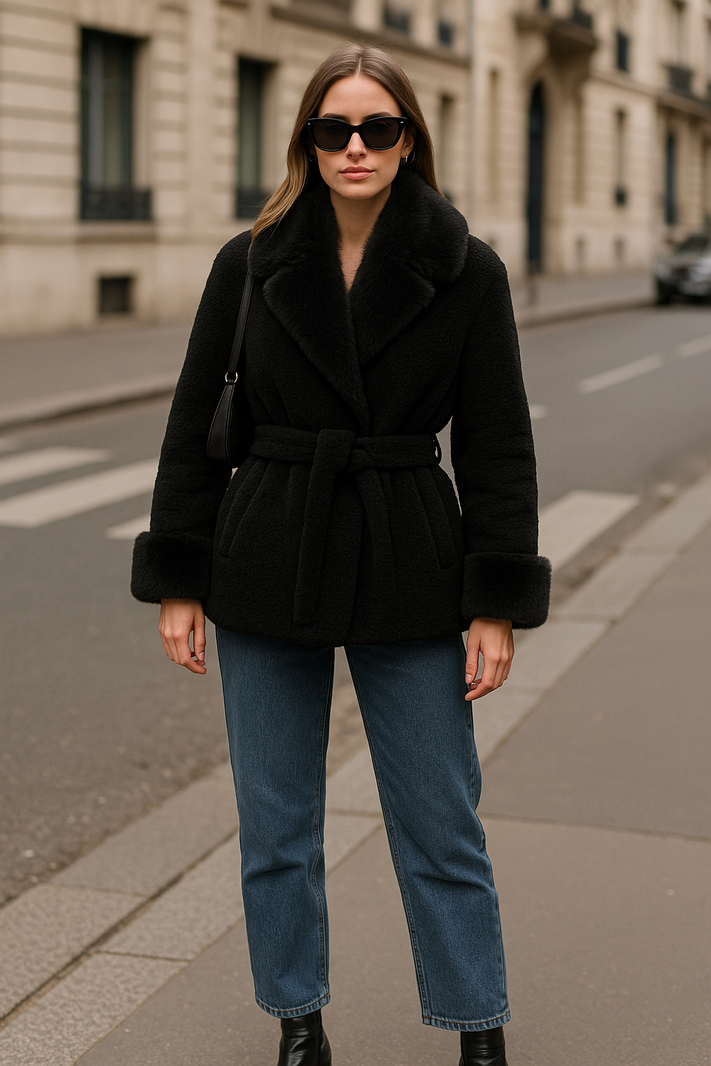 AURA – Veste ceinturée en fausse fourrure effet premium