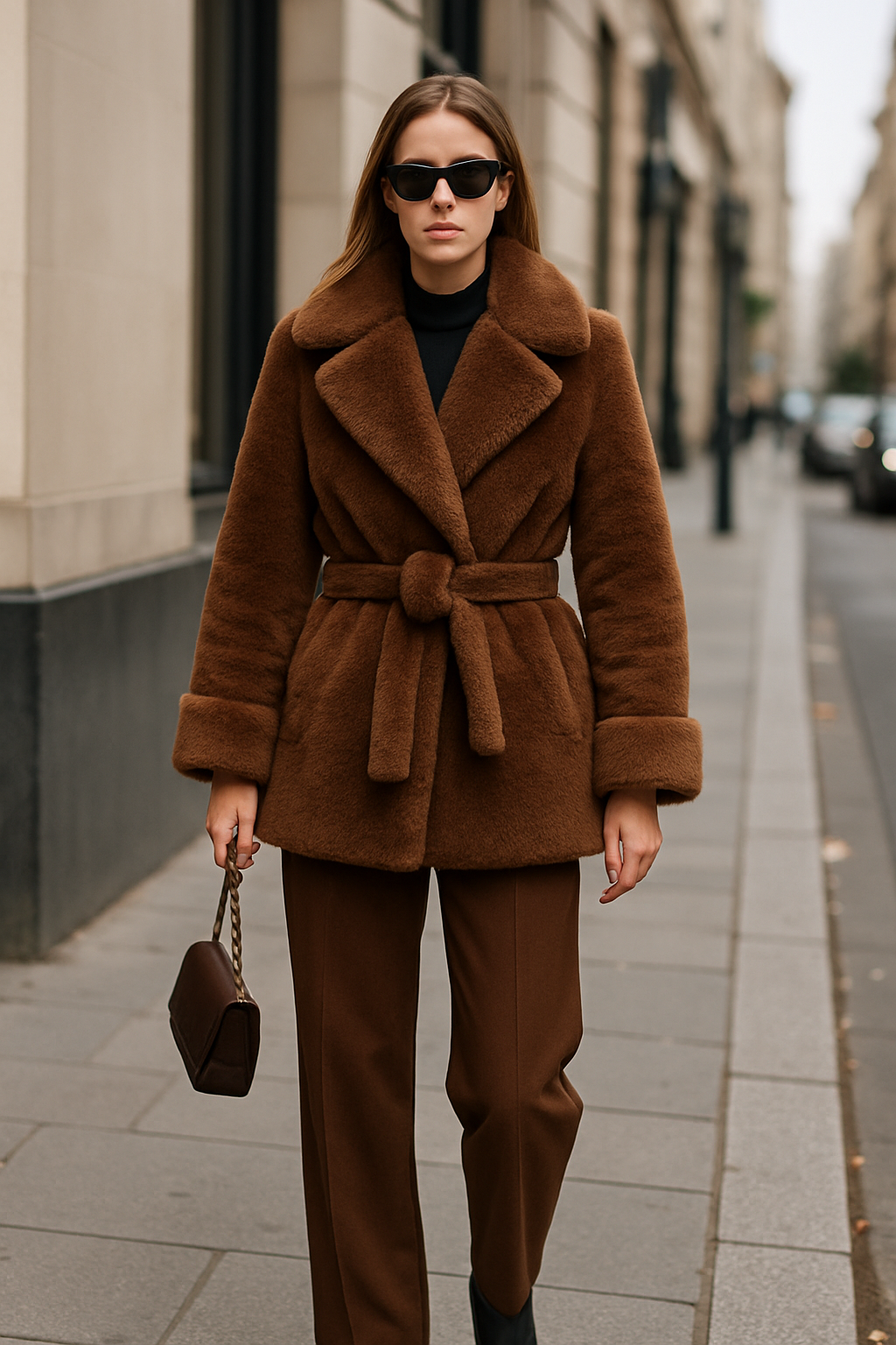 AURA – Veste ceinturée en fausse fourrure effet premium