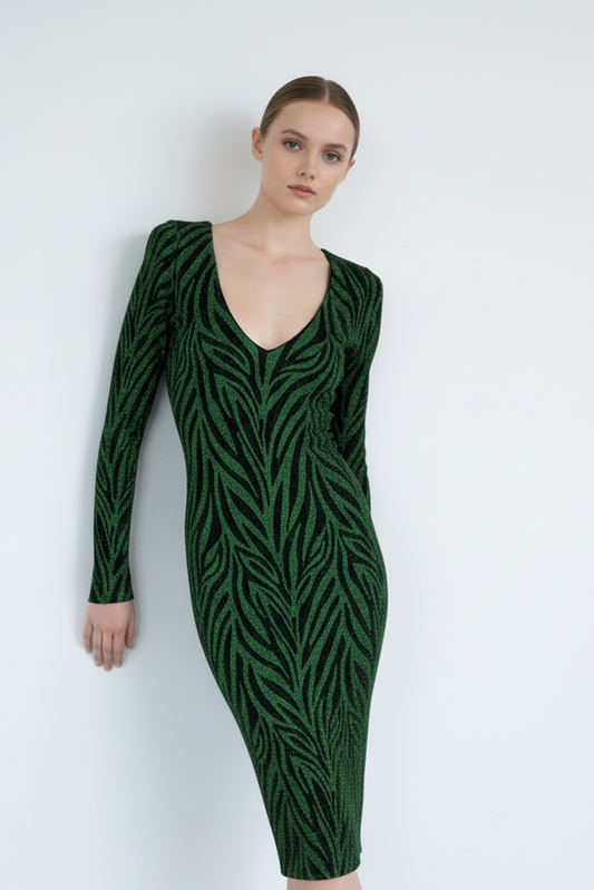 ZELIA – Robe midi imprimé graphique à décolleté profond