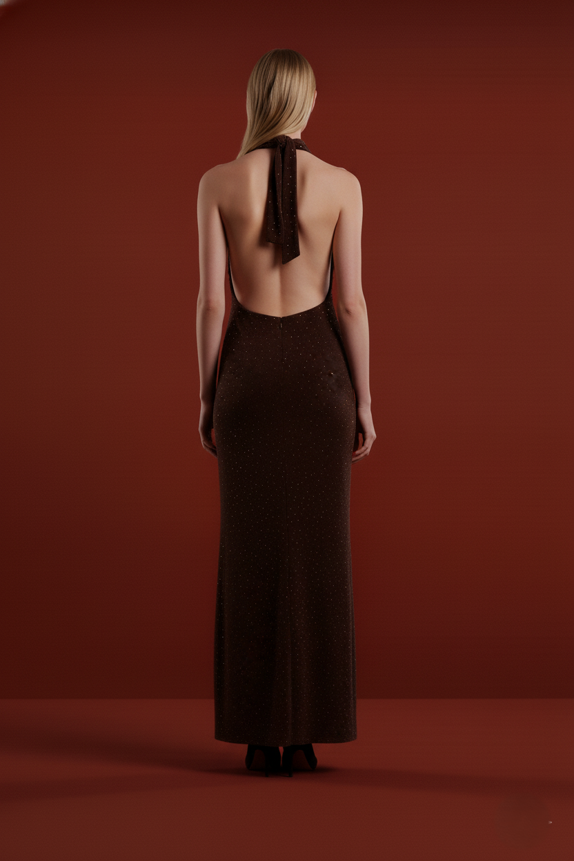 MELROSE – Robe longue dos-nu scintillante à col noué