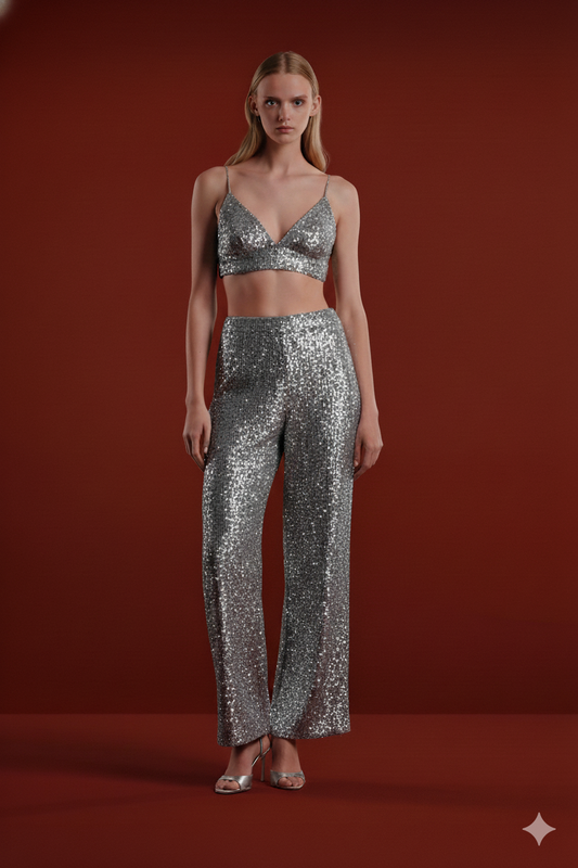 AMBER TWINS – Ensemble scintillant brassière & pantalon droit